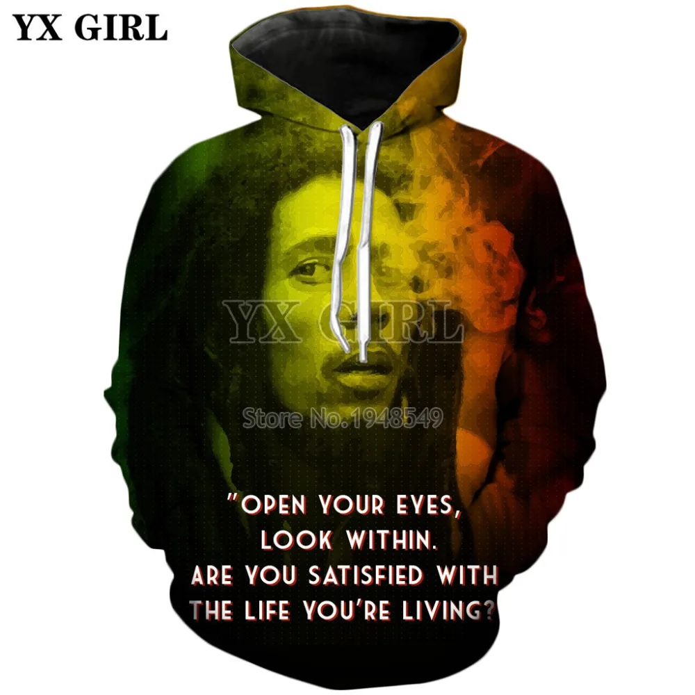 YX GIRL Drop shipping 2018 New Fashion Hip hop style Hoodie Reggae Bob Marley Print 3d Men's Women's Casual Hooded sweatshirt |