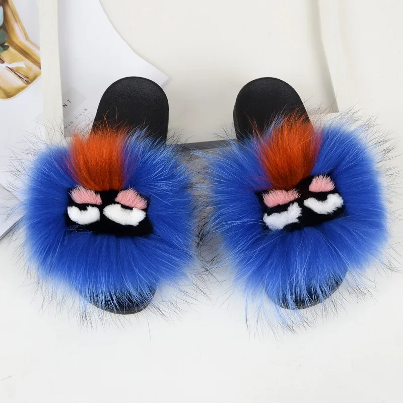 Женские меховые тапочки милые женские пушистые шлепанцы с натуральным лисьим