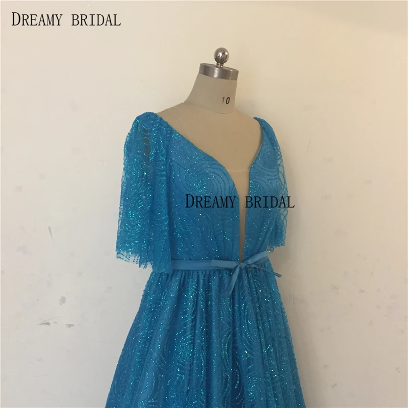 Dreamy Свадебные Элегантные Синие вечерние платья с блестящими камнями халат De Soiree половинные рукава сексуальные разрезы торжественные платья под заказ сделано