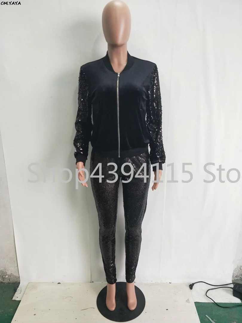 women new 2019 sequins splicing zip up top skinny pencil long pants suits two piece set party tracksuit outfit black | Женская одежда