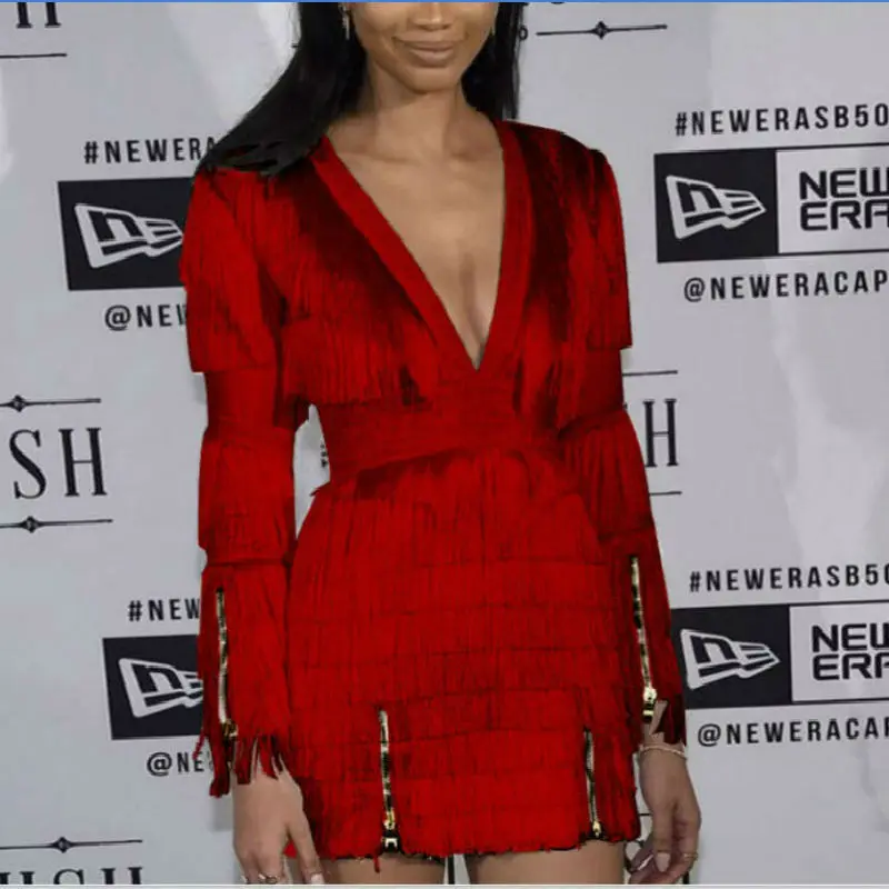 

Модное Элегантное женское платье с глубоким V-образным вырезом, новинка 2019, черное, красное, Белое Женское облегающее Бандажное платье с бах...