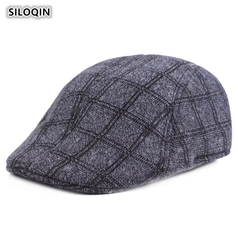 

SILOQIN Middle Aged Elderly Men's Cotton Berets Winter Keep Warm Plaid Cloth Snapback Cap Simple Leisure Tongue Caps Dad's Hat
