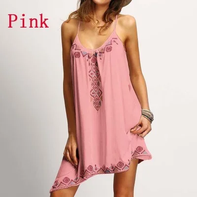 Женское короткое платье с лямкой на шее Повседневное розового цвета этническим