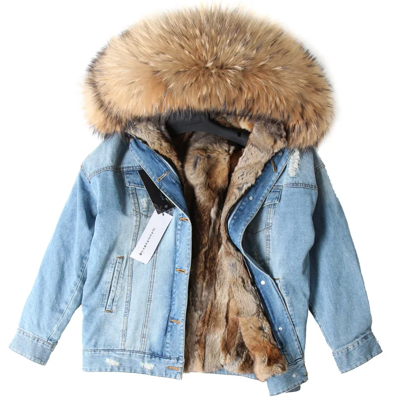 2018 natural rabbit fur lined denim jacket Raccoon fur coat coat fashion denim raccoon fur warm lady winter jacket women parka