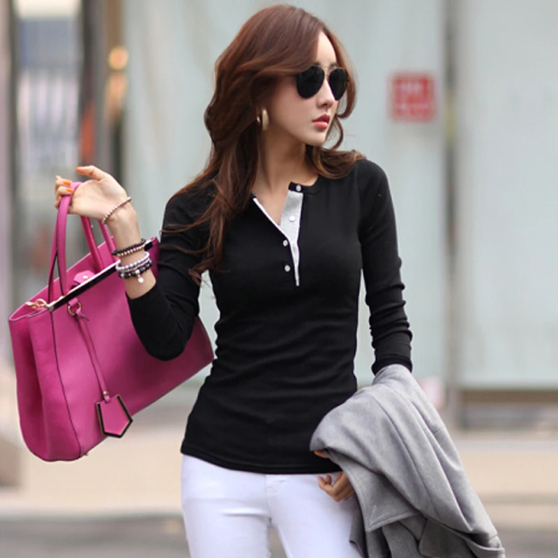 Женская хлопковая футболка с длинным рукавом на пуговицах|Футболки| |