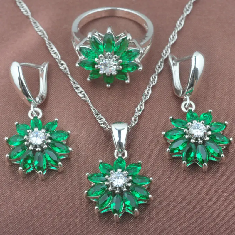 

Женский ювелирный набор, колье, серьги, кольцо, серебряный цвет, в форме цветка, TZ0436, зеленый цирконий