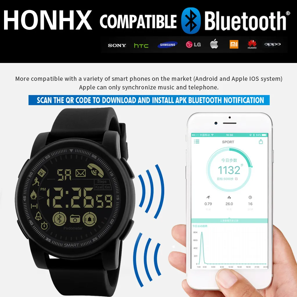 Фитнес-трекер водонепроницаемые Bluetooth Смарт-часы спортивные Шагомер для Android iOS электронные часы цифровые часы модные gif для мужчин