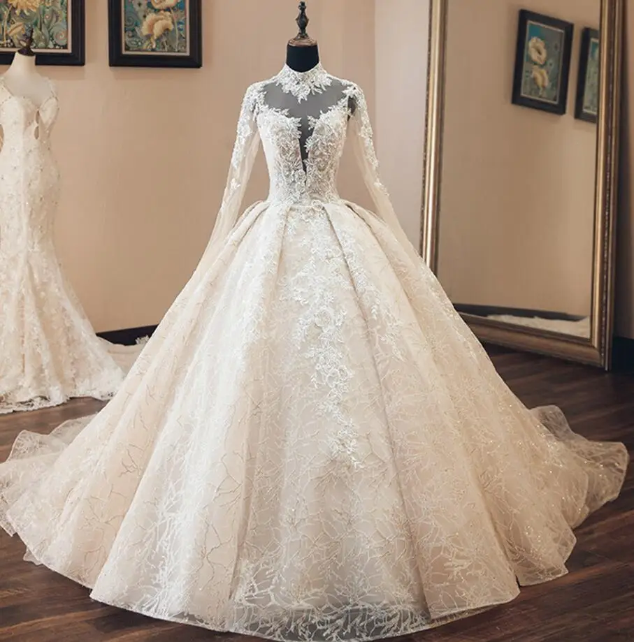 picture color Gelinlik, свадебное платье в стиле бохо, с длинным рукавом, блестящее, Vestido de Casamento, с высоким воротом, Robe de Mariage, с открытой спиной, Hochzeitskleid - Цвет: picture color