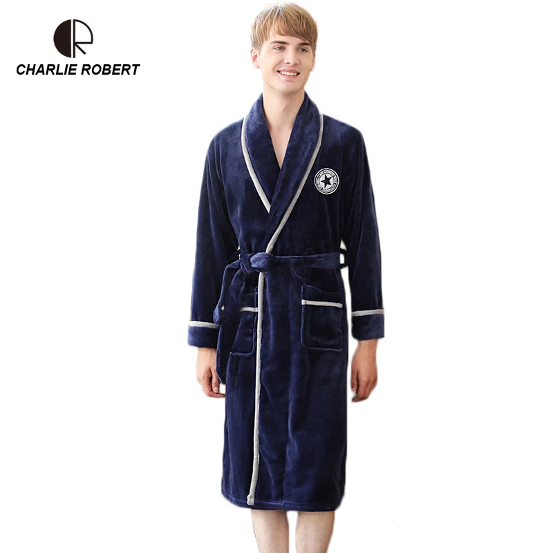 

CR New Men Bathrobe V-Neck Long-sleeved Flannel Coral Fleece Warm Comfortable Pajamas Winter Style Men's Home Wear AP443