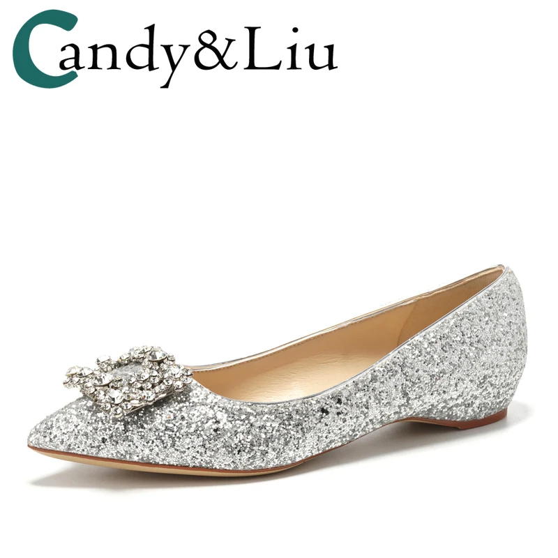 Женская обувь на танкетке 3 см с серебряными пайетками прозрачной пряжкой