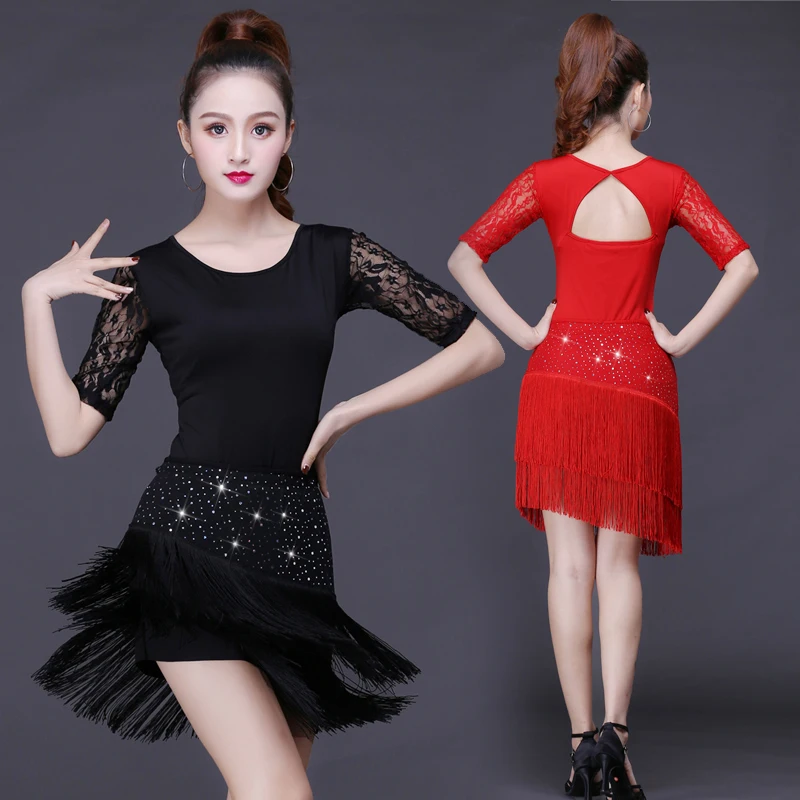 

2019 Women Competition Dance Clothes Sequins Costume Set with Sleeves Fringe Salsa Dresses Ballroom Dance Ladies Latin Dress
