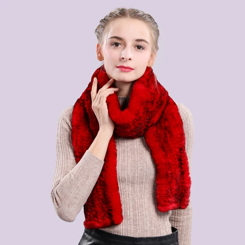 red and black Длинный стильный настоящий шарф из меха кролика рекс Женский Зимний вязаный Настоящий мех кролика шарфы для женщин мех кролика Рекс Кольцо Шаль - Цвет: red and black