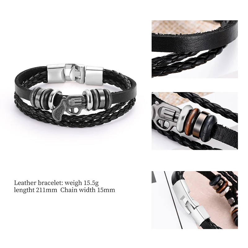 2019 Модный черный Многоэтажный кожаный браслет для мужчин высококачественный