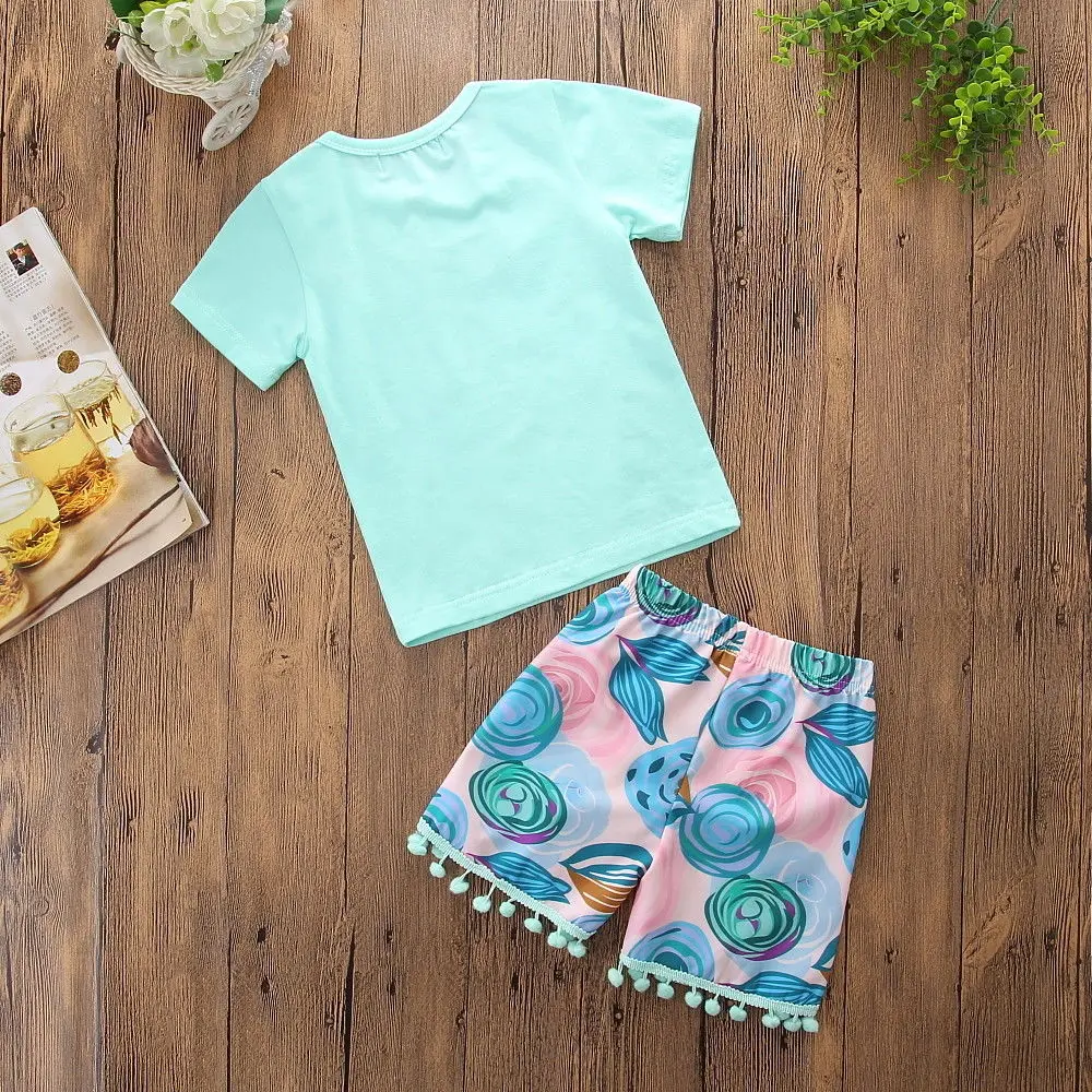 2018 Newborn Baby Kids Girls Cotton Ruffle T-shirt Tops+Mermaid Tassels Shorts Outfits Clothing Set | Детская одежда и обувь