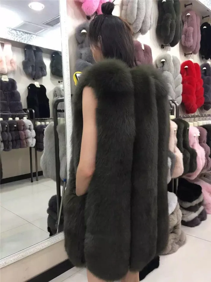 Зимние Модные женские меховые пальто толстые теплые из натурального Лисьего меха жилет без рукавов Длинная Куртка