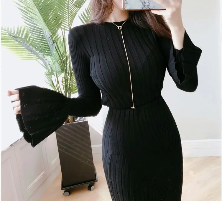 Высокое качество Осень зима 2019 однотонные вязанные топы с широкими рукавами и