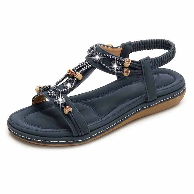 MVVJKE Women Sandals New Flat Sandals Women Summer Bohemia Style Rhinestone Comfortable Beach Shoes Women Plus - Цвет: Синий