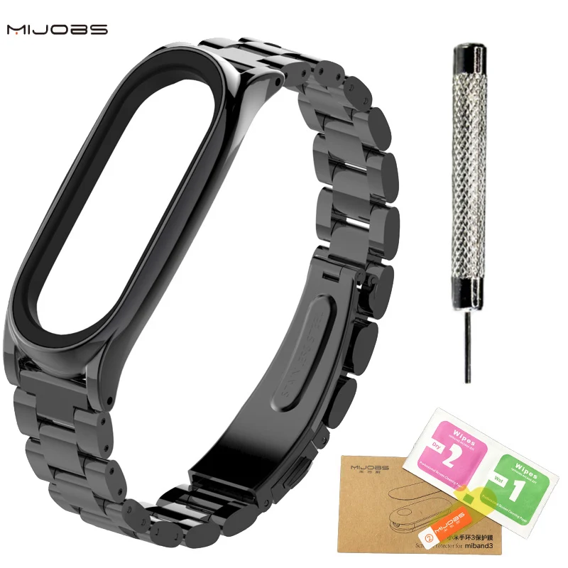 black Add film PLUS Xiaomi mi Band 3 NFC металлический ремешок Безвинтовые браслеты из нержавеющей стали Сменные аксессуары для mi Band 3 ремешок стальной браслет - Цвет: black Add film PLUS