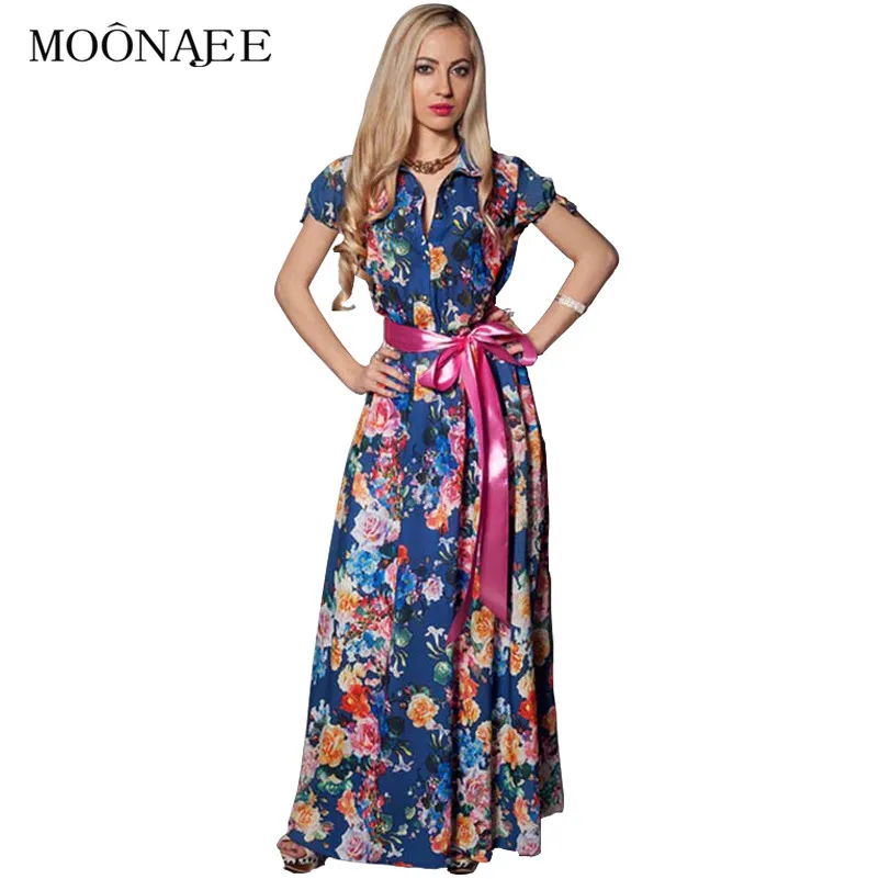 Длинные летние женские платья MOONAJEE с цветочным принтом Новинка лета 2017