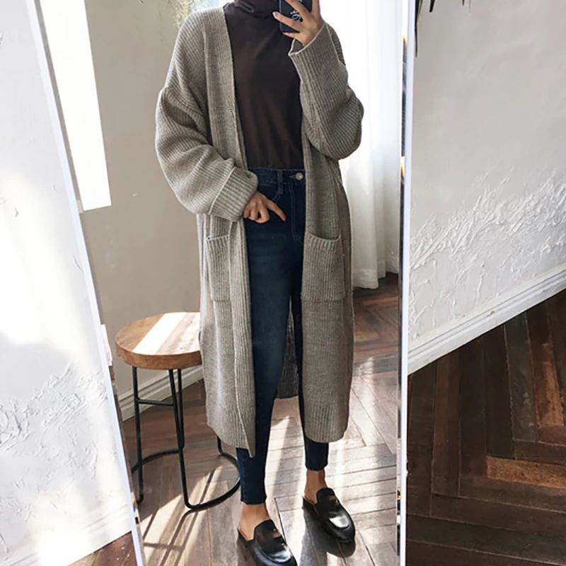 Winter Spring Fashion Casual Clothing Ladies Sweater Long Knit Sweater Women Large Full Sleeve Coat Black Solid Cardigan