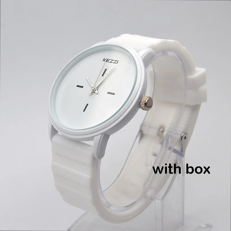 white with box Бренд Kezzi, черные, белые силиконовые часы, студенческие, женские, мужские, спортивные, кварцевые часы, пара, ультра тонкие, повседневные часы, Relojer Feminino - Цвет: white with box
