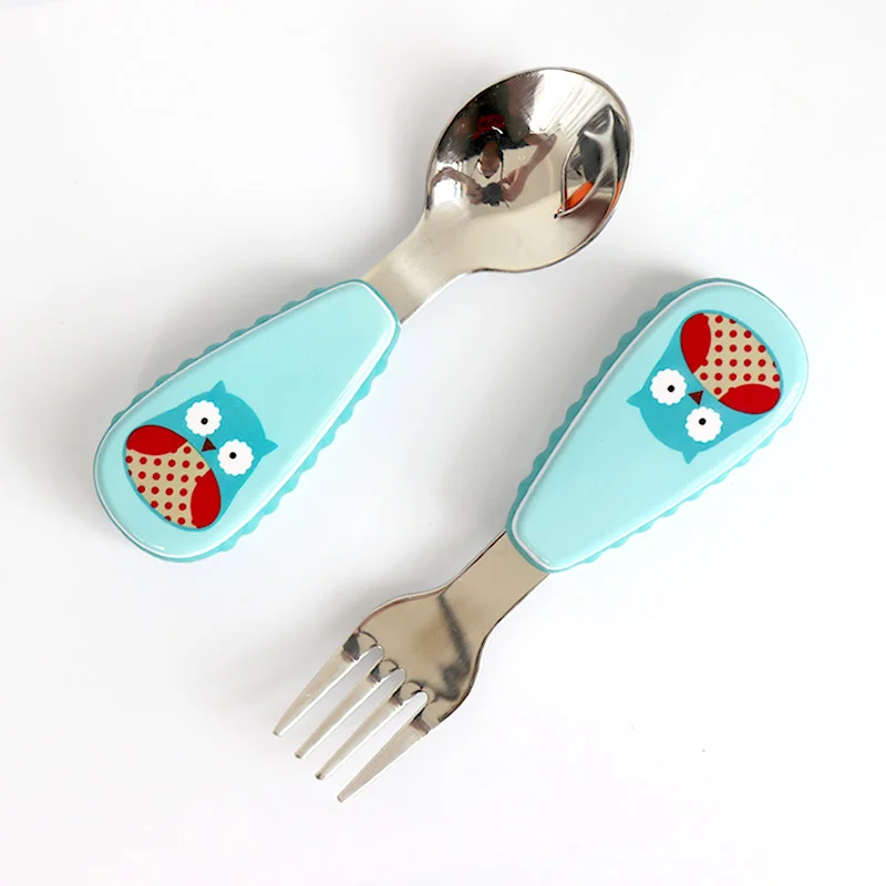 Owl Kids Spoon Children Stainless Steel Fork Case Portable Safety Baby Feeding Utensils Training Dinnerware 2pcs/ Set - Цвет: Owl