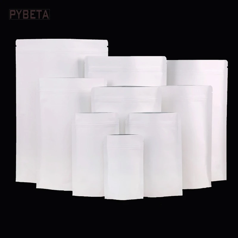 

50pcs/lot- 10 sizes available Zipper White Kraft Paper bag Stand up Pouch Aluminized Food Gift Packaging