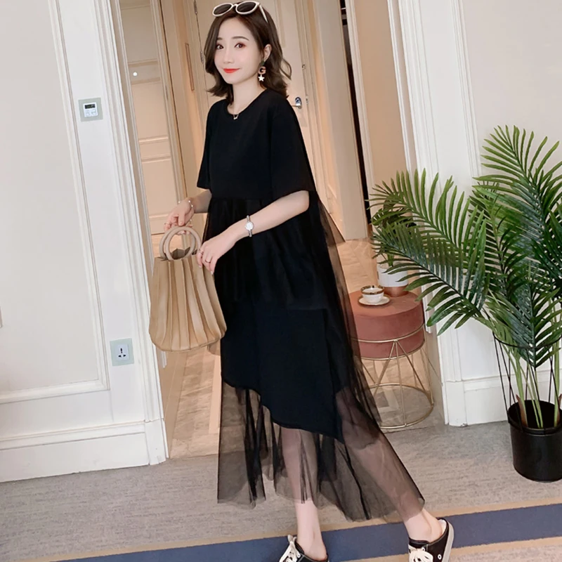 2020 Summer Women's New Dress In The Long Section Over Knee Stitching Mesh Fashion Pleated Casual Vestido QQ191 | Женская одежда