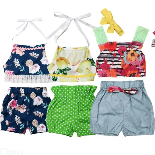 3Pcs Infant Kids Baby Girls Lemon Sleeveless Hanging Neck Top T-Shirts Shorts Sunsuit Outfits Clothes | Мать и ребенок