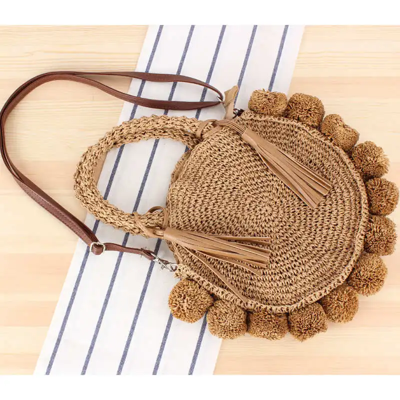 brown Новые пляжные тканые сумки, летняя женская модная круглая сумка, плетеная Сумка из ротанга на плечо, дорожная соломенная сумка - Цвет: brown