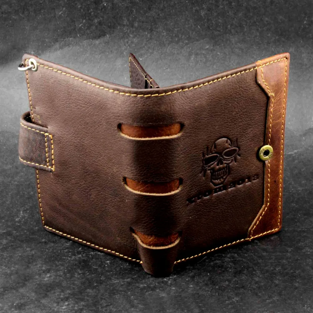 Байкерский кошелек из натуральной кожи с застежкой и черепом цепочкой для