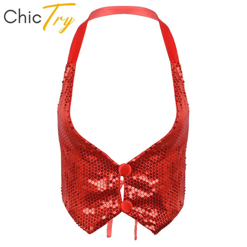 Женский Блестящий жилет Холтер ChicTry с блестками Танцевальный для взрослых