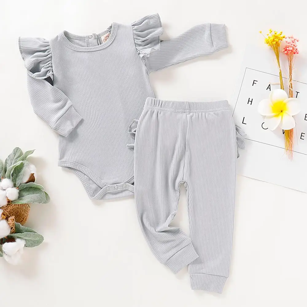 Spring and Autumn Infant Baby Boys Girls Solid Gray Red Ruffled Tops +Pants Homewear Casual Stretchy Outfits Breathable Set Z19$ | Детская