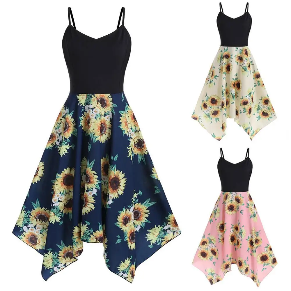 Женское летнее платье с принтом подсолнухов и V образным вырезом|Женские платья| |