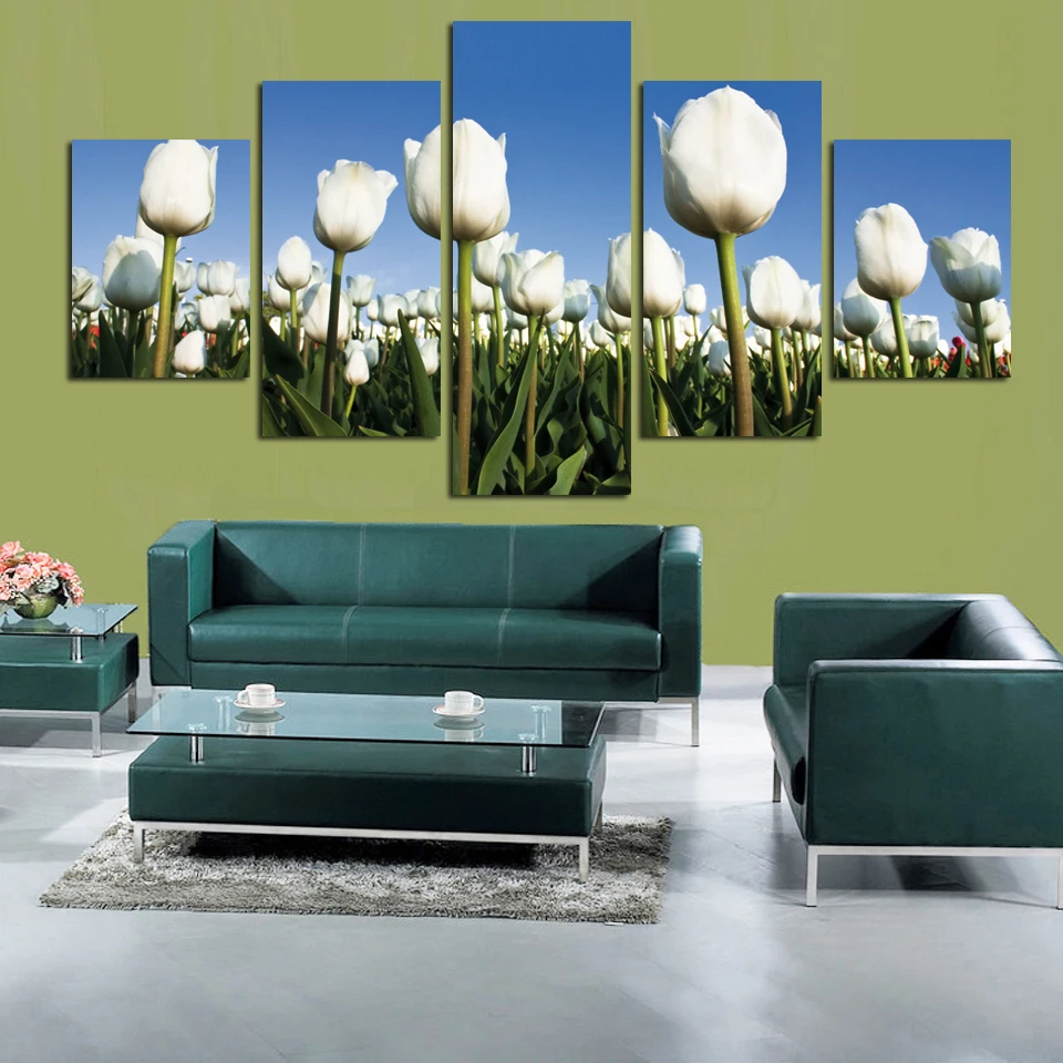 Top-Rated Canvas Print Pictures Modern Living Room Decor Framework Wall Art Draw 5 Pieces White Tulips Flower Modular Poster | Дом и сад
