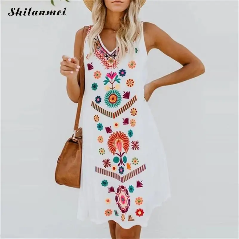 Женское Хлопковое платье без рукавов с цветочным принтом Пляжное мини v образным