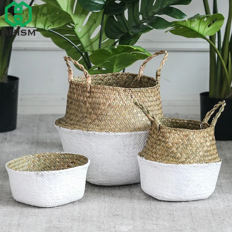 WHISM Seagrass Wickerwork Flower Basket Decorative Flower Pot Planter Hanging Flowerpots Woven Laundry Storage Basket Home Decor