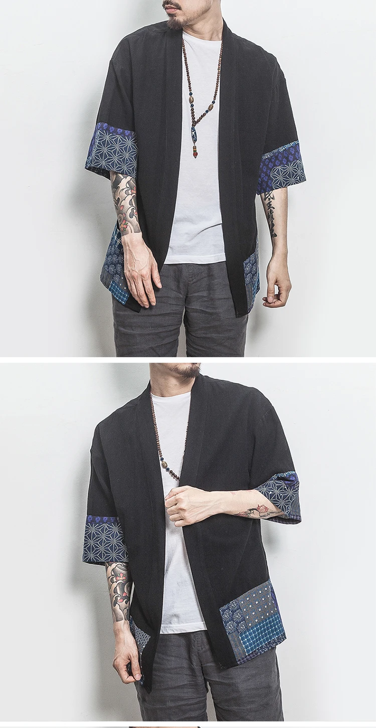 Men Kimono Traditional Open Stitch Shirt Men Cotton Linen Shirts Male Three Quarter Sleeve Shirt Harajuku Mens Clothing 5XL