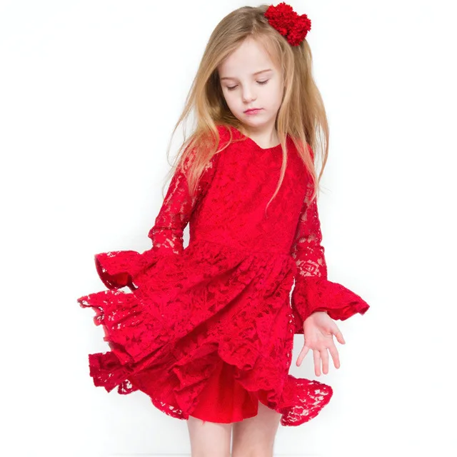 Девушки Хлопок Платье в Полный Peatl Рукавами Воротник Оборками Кругов Кружева One