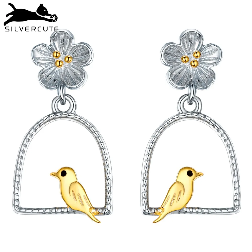 SILVERCUTE 925 стерлингового серебра птица Висячие серьги в саду два тона тонкие
