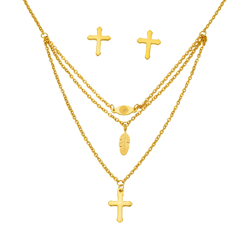 2016 Новинка крест листьев 3 Слои Цепочки и ожерелья Нержавеющая сталь комплект