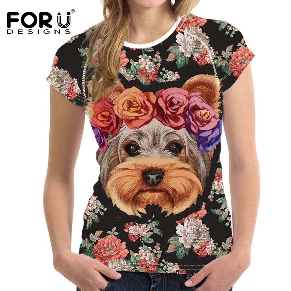 FORUDESIGNS/цветочный йоркширского терьера футболка для женщин футболки летняя с