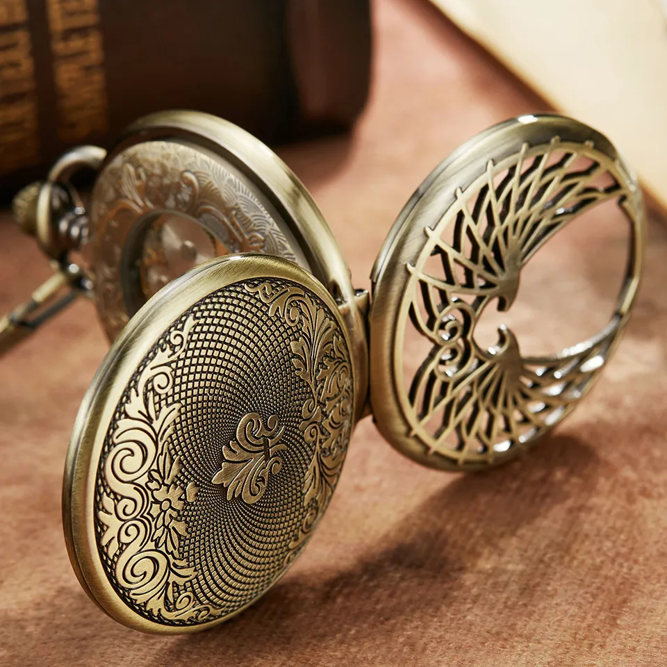 Luxury Golden Love Wings Mechanical Pocket Watch Men Women Fob Chain Unique Hollow Design Skeleton Double Side Hand Wind Watches