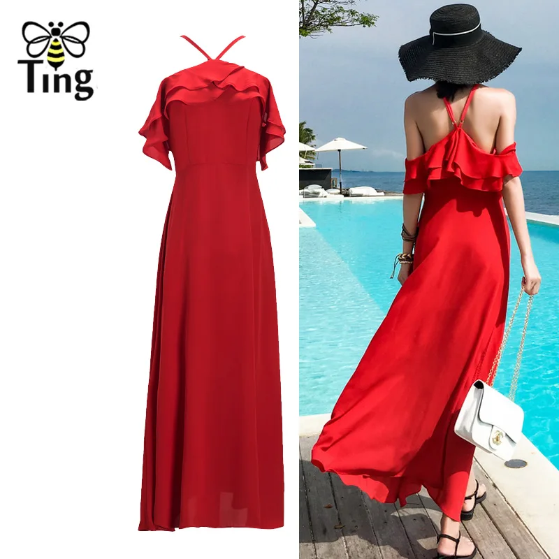 Женское длинное платье макси Tingfly красное с открытой спиной открытыми плечами и