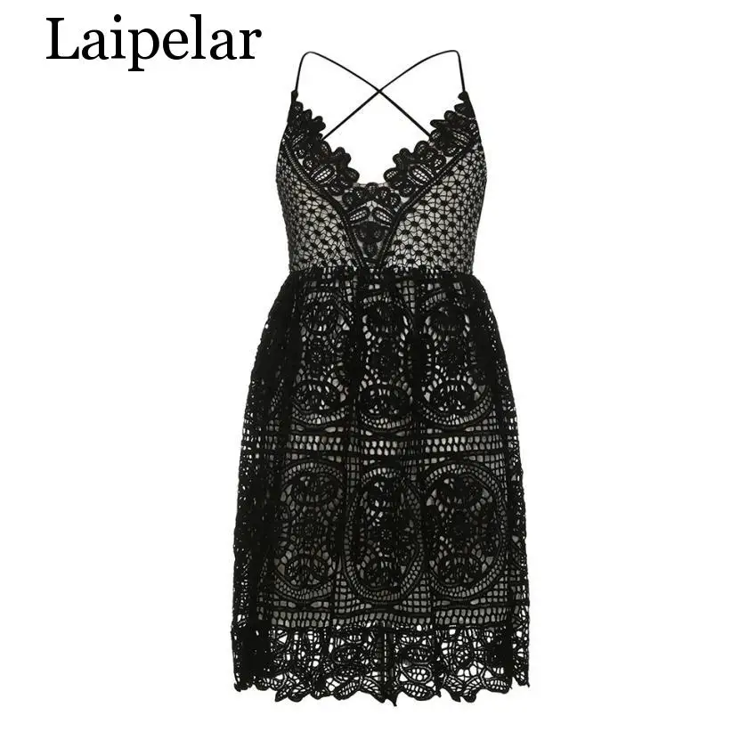 

Laipelar Sexy Party Dress Women Summer Deep V Neck Backless Lace Dresses Fashion Sleeveless Halter Bandage Midi Dress