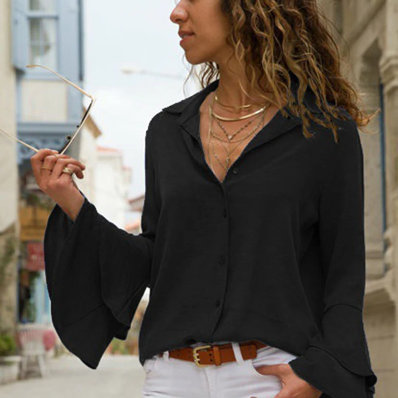 Модная шифоновая блузка с расклешенными длинными рукавами и бантом Весенняя