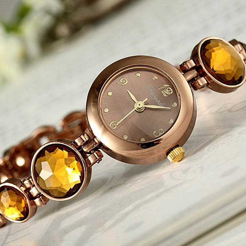 Часы женские медные с круглым кристаллом и браслетом в стиле ретро 2021 | Наручные