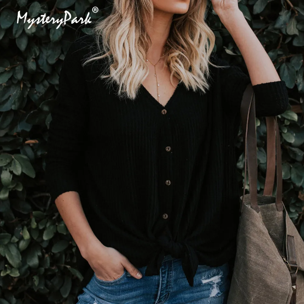 MysteryPark Women Casual Long Sleeve V Neck Thin T Shirt Top Spring New Open Stitch Cardigan Ladies Femme Outwear Button T-shirt | Женская