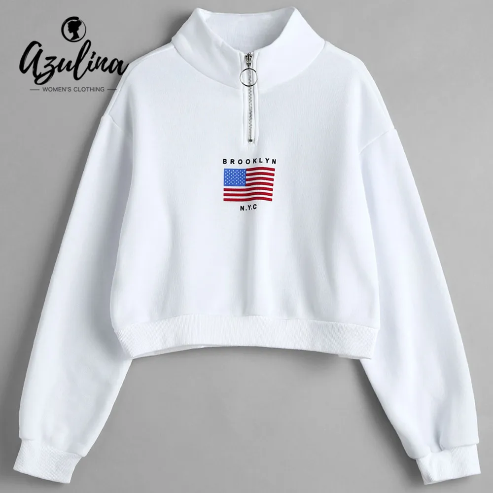AZULINA American Flag Half Zip Sweatshirt Women Letter Hoodies Spring Ladies Mock Neck Long Sleeves Female Pullovers | Женская одежда