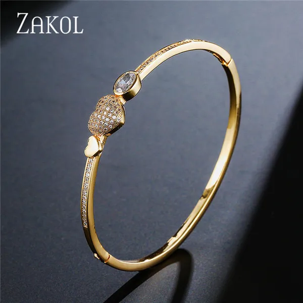 Gold Color ZAKOL красивый хрустальный браслет в форме сердца, браслет с кубическим цирконием для женщин, подарок для женщин, свадебные ювелирные изделия FSBP160 - Окраска металла: Gold Color